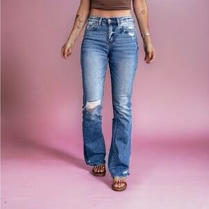 Dark Blue Ripped Raw Hem High Waist Flare Jeans